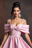 Pink Cold Shoulder Beaded Short Prom Dress