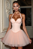 Blush Halter Corset Short Prom Dress With Bow