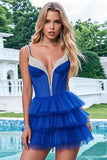 Royal Blue Tiered Tulle Spaghetti Straps Short Prom Dress