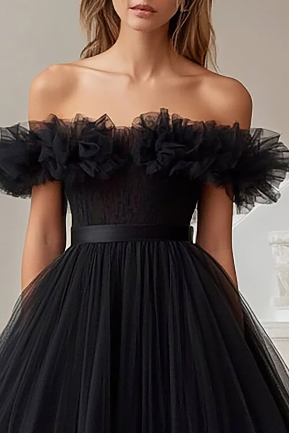Black A Line Off the Shoulder Tulle Formal Dress with Ruffles