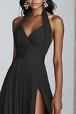 Black A Line Halter Chiffon Long Pleated Formal Dress