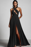 Black A Line Pleated Long Fomal Dress with Slit