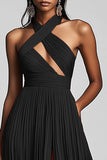 Black A Line Pleated Long Fomal Dress with Slit