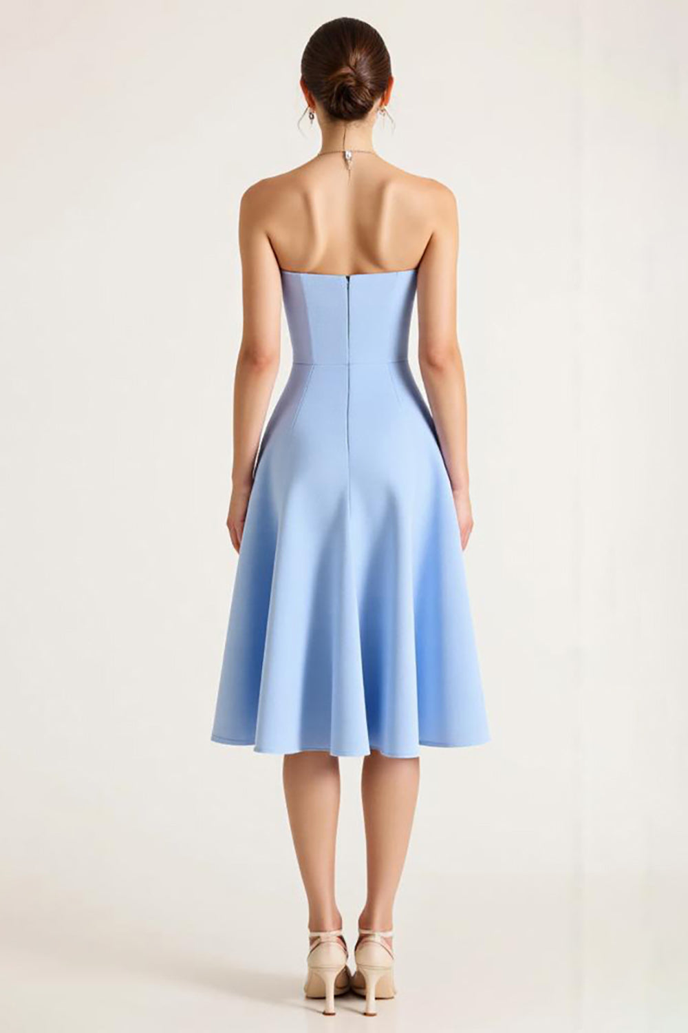 Strapless Sky Blue A Line Midi Cocktail Dress