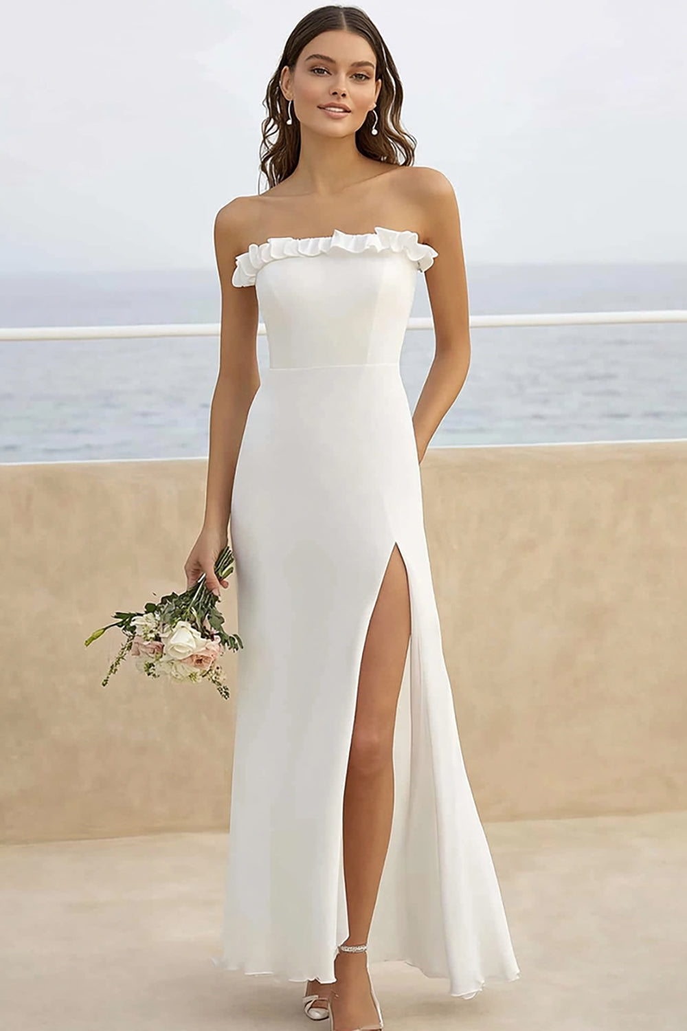Strapless White Chiffon Ruffled Long Wedding Dress