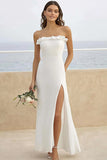 Strapless White Chiffon Ruffled Long Wedding Dress