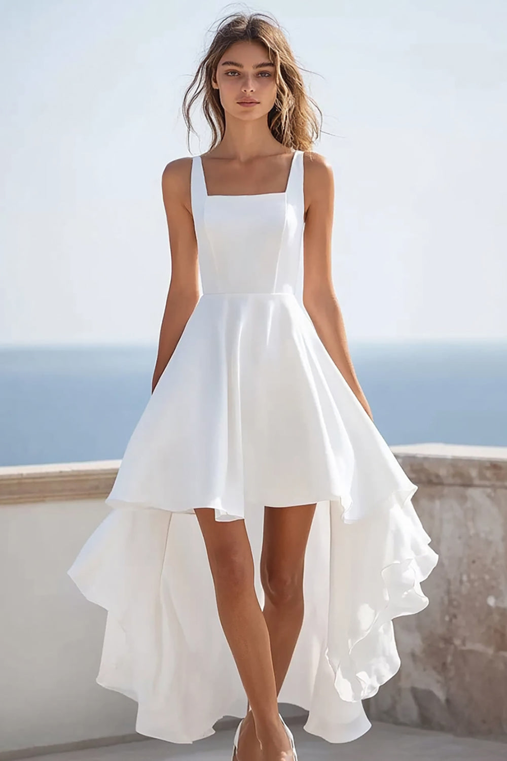 White Square Neck A Line High-Low Wedding Dress