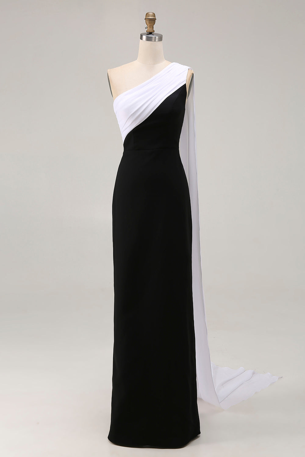 Black and White One Shoulder Sheath Long Formal Dress with Streamer