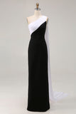Black and White One Shoulder Sheath Long Formal Dress with Streamer