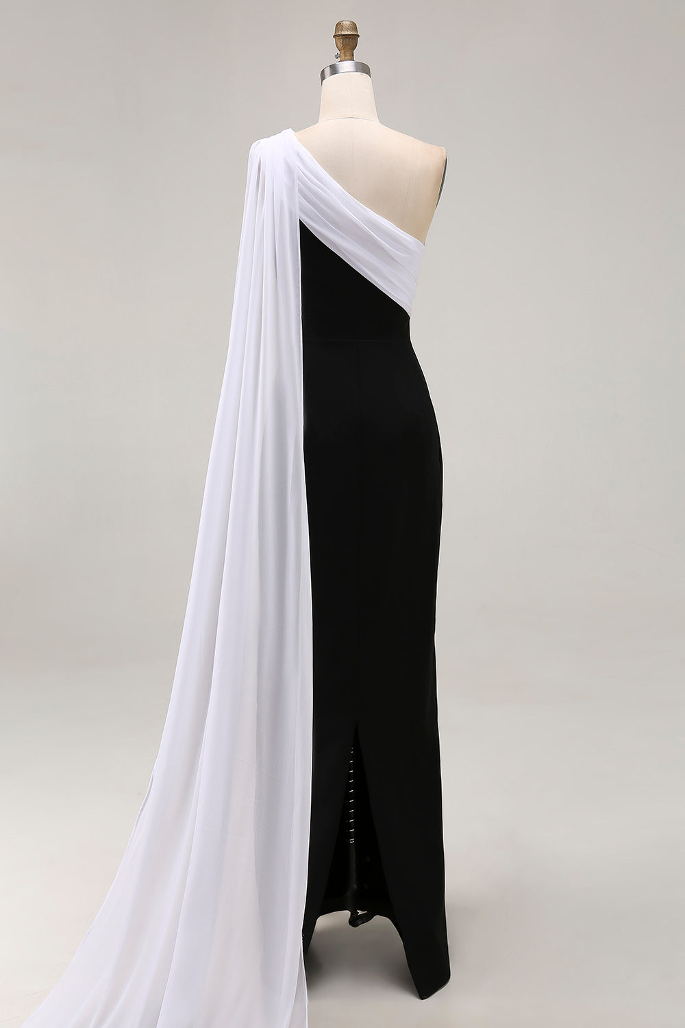 Black and White One Shoulder Sheath Long Formal Dress with Streamer