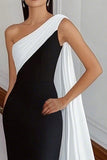 Black and White One Shoulder Sheath Long Formal Dress with Streamer