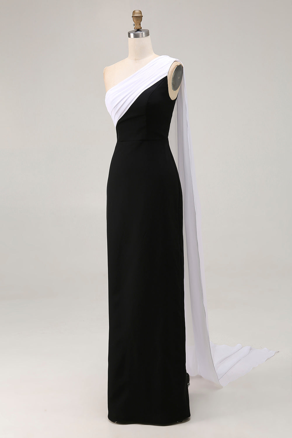 Black and White One Shoulder Sheath Long Formal Dress with Streamer