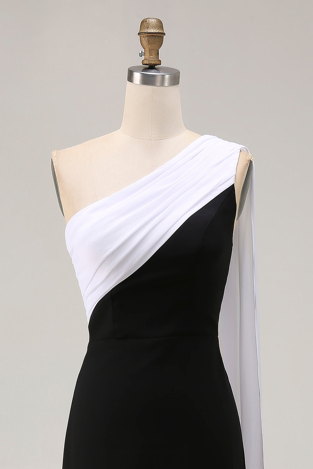 Black and White One Shoulder Sheath Long Formal Dress with Streamer
