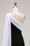 Black and White One Shoulder Sheath Long Formal Dress with Streamer