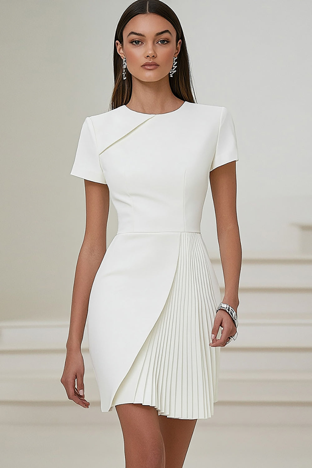 Ivory Asymmetrical Pleated Work Dress with Short Sleeves