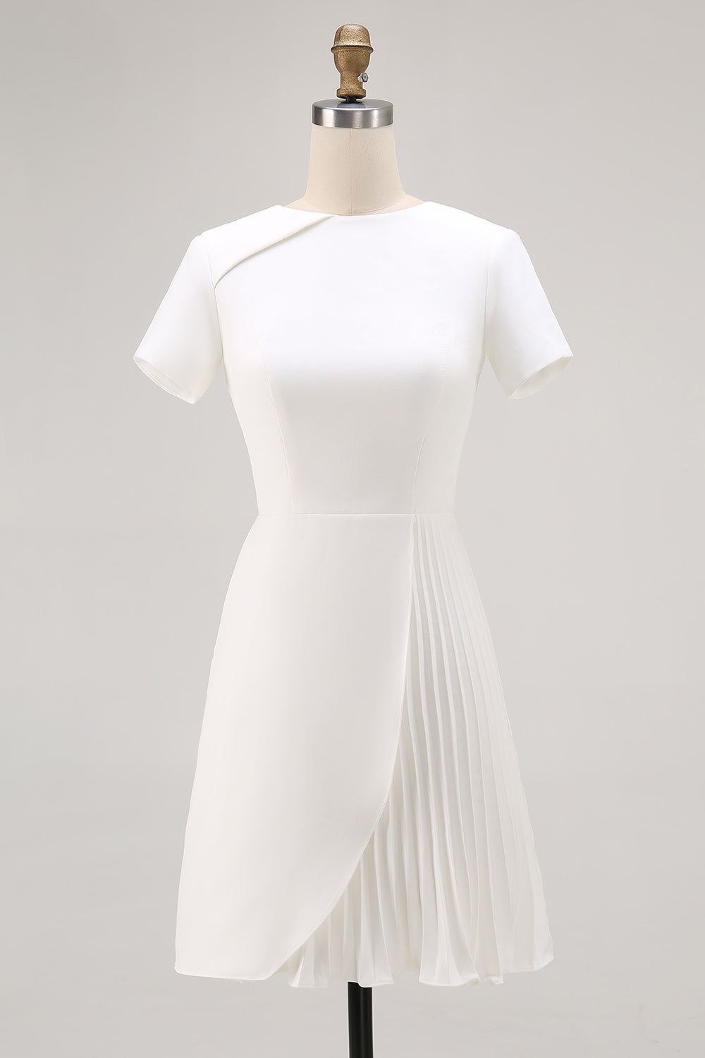 Ivory Asymmetrical Pleated Work Dress with Short Sleeves