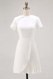 Ivory Asymmetrical Pleated Work Dress with Short Sleeves
