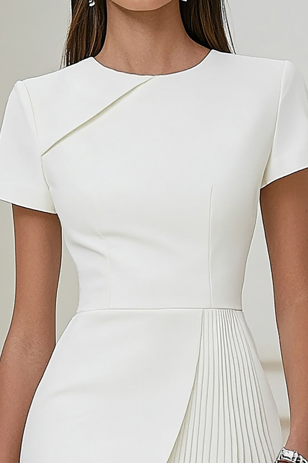 Ivory Asymmetrical Pleated Work Dress with Short Sleeves
