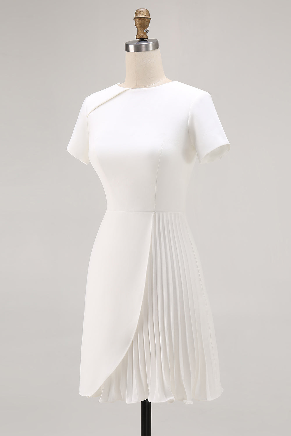 Ivory Asymmetrical Pleated Work Dress with Short Sleeves
