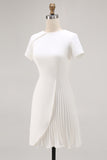 Ivory Asymmetrical Pleated Work Dress with Short Sleeves