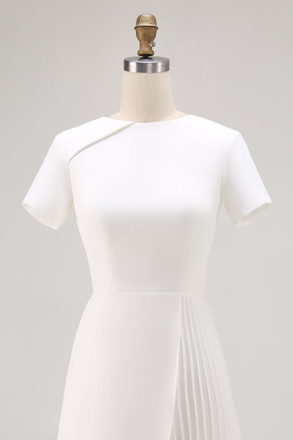 Ivory Asymmetrical Pleated Work Dress with Short Sleeves