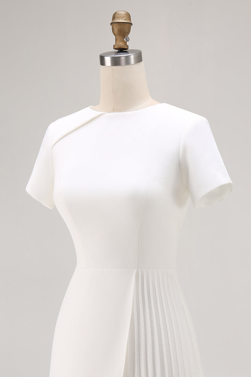 Ivory Asymmetrical Pleated Work Dress with Short Sleeves