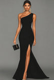 Mermaid Black One Shoulder Formal Dress with Slit