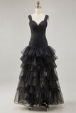 Black Organza High-Low Ruffled Formal Dress