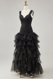 Ruffled Organza High-Low Black Formal Dress