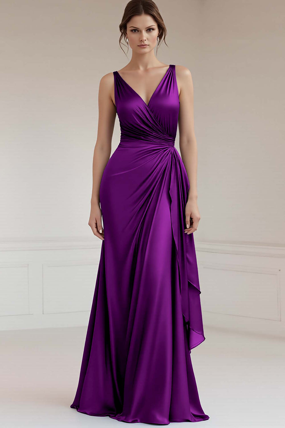 Grey Blue V Neck A Line Long Formal Dress
