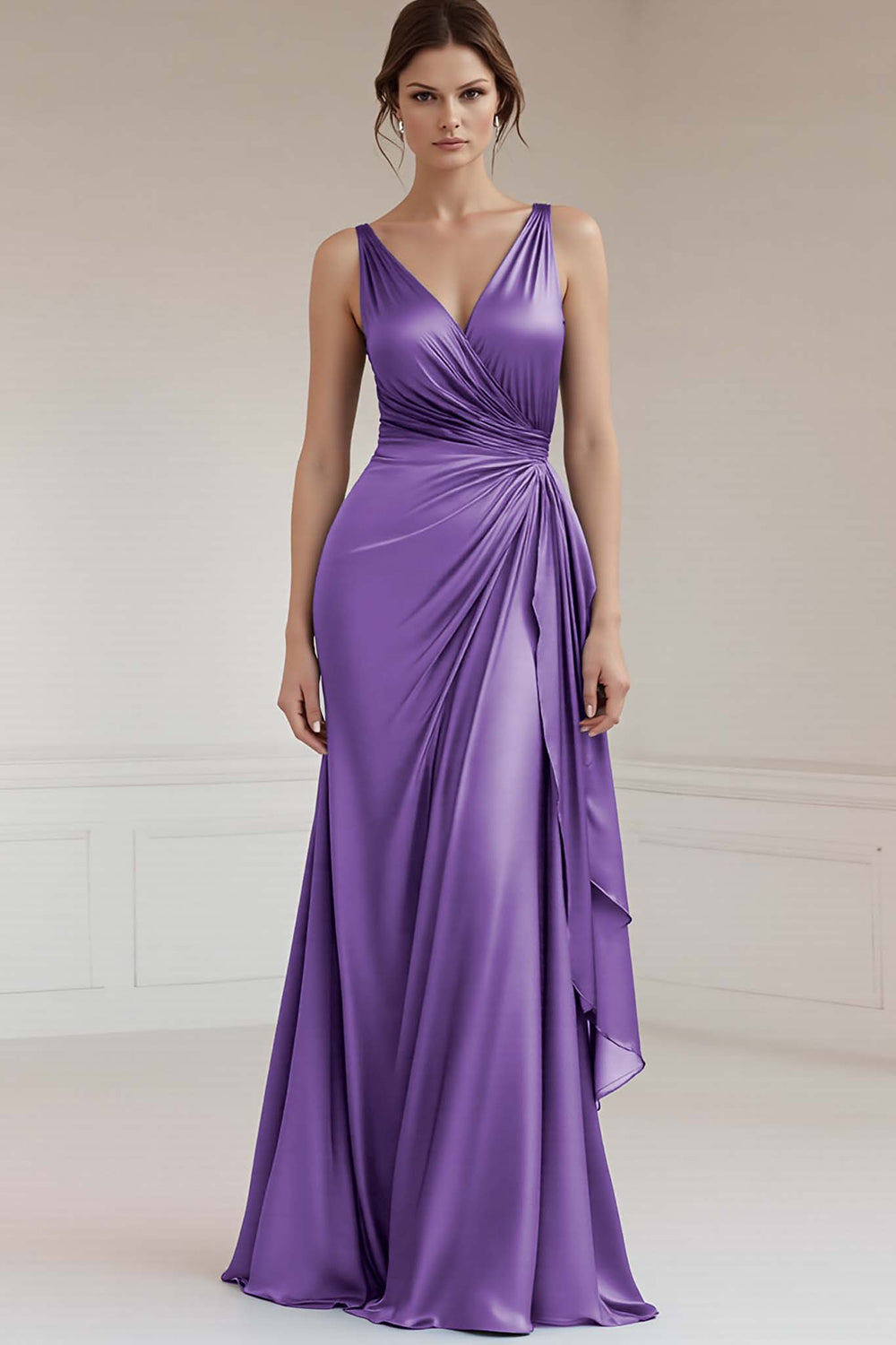 Grey Blue V Neck A Line Long Formal Dress
