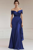 Off The Shoulder A Line Long Grey Blue Formal Dress