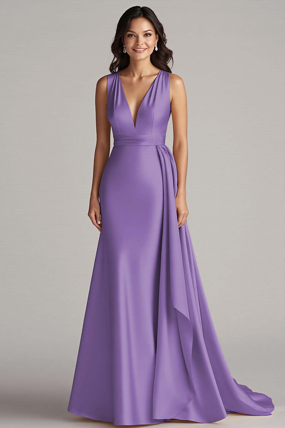 Champagne V Neck Sheath Long Formal Dress with Side Streamer