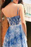 White Blue Flower Corset A Line Prom Dress With Slit