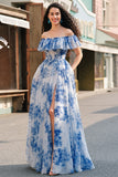Off The Shoulder White Blue Flower Prom Dress With Slit