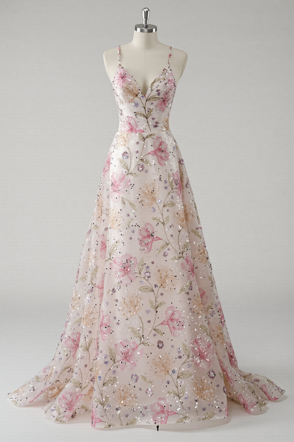 Pink A Line Spaghetti Straps Floral Prom Dress With Sequins