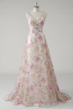 Sparkly Pink Floral V Neck Prom Dress