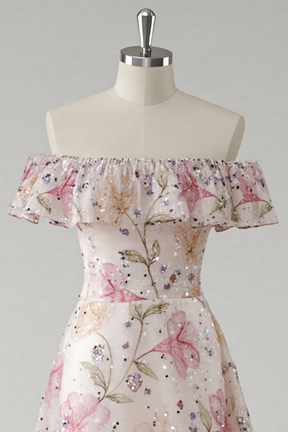 Off The Shoulder Pink Long Floral Prom Dress With Sequins