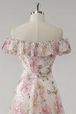 Off The Shoulder Pink Long Floral Prom Dress With Sequins