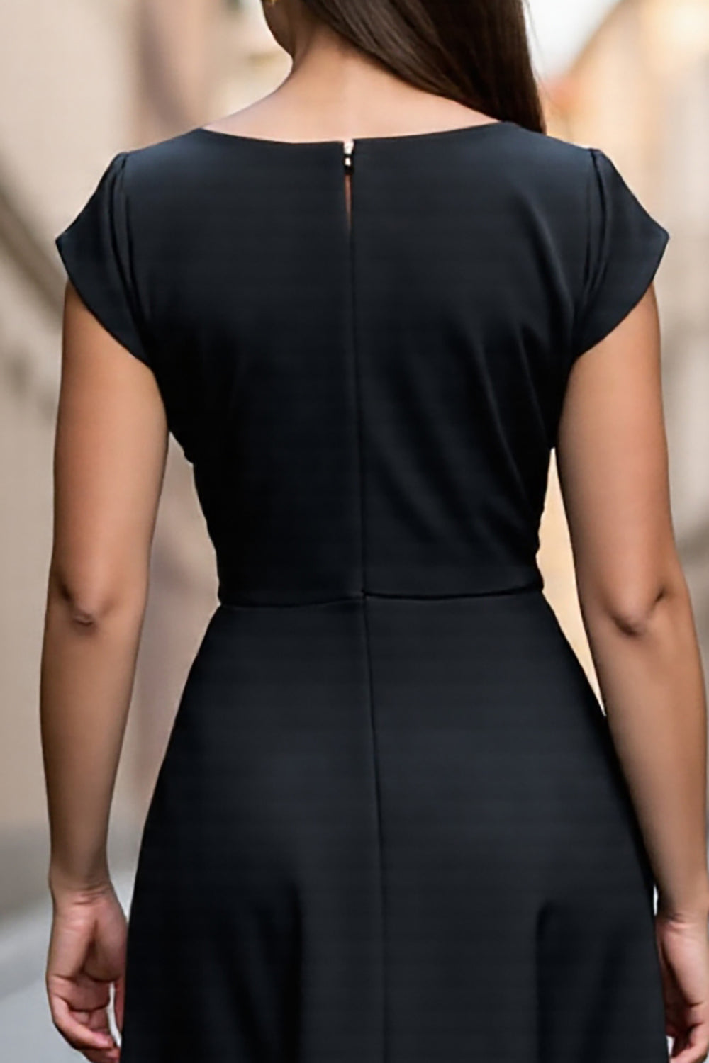 Black A Line Satin Midi V-Neck Work Dress