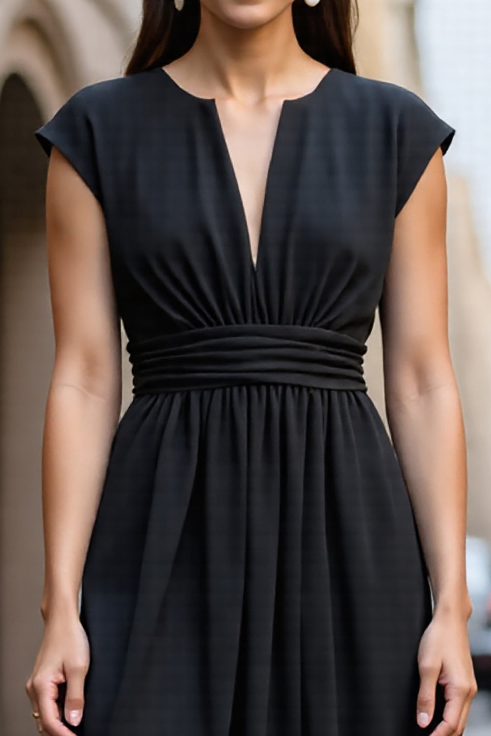 A Line Black V-Neck Cap Sleeves Midi Work Dress