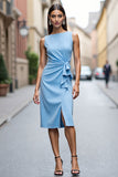 Sky Blue Bodycon Midi Ruched Work Dress with Drape