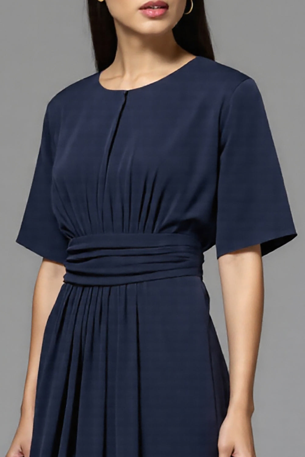 A Line Navy Ruched Round Neck Midi Work Dress