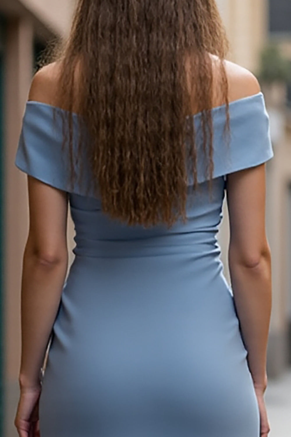A Line Grey Blue Off the Shoulder Ruched Midi Work Dress with Ruffles