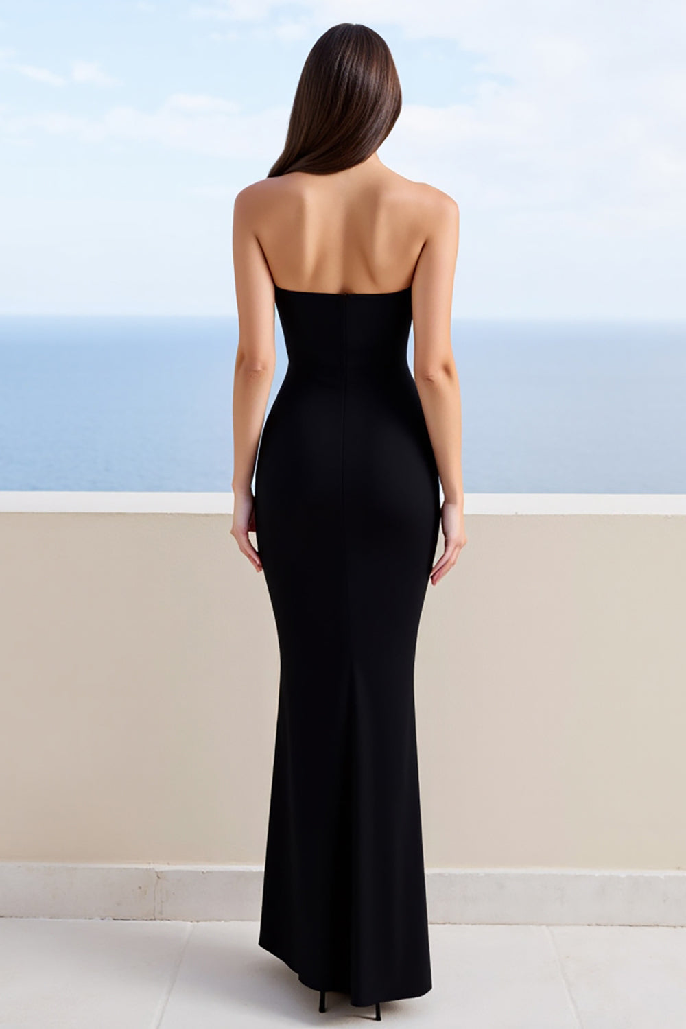 Black Satin Mermaid Strapless Long Formal Dress with Slit