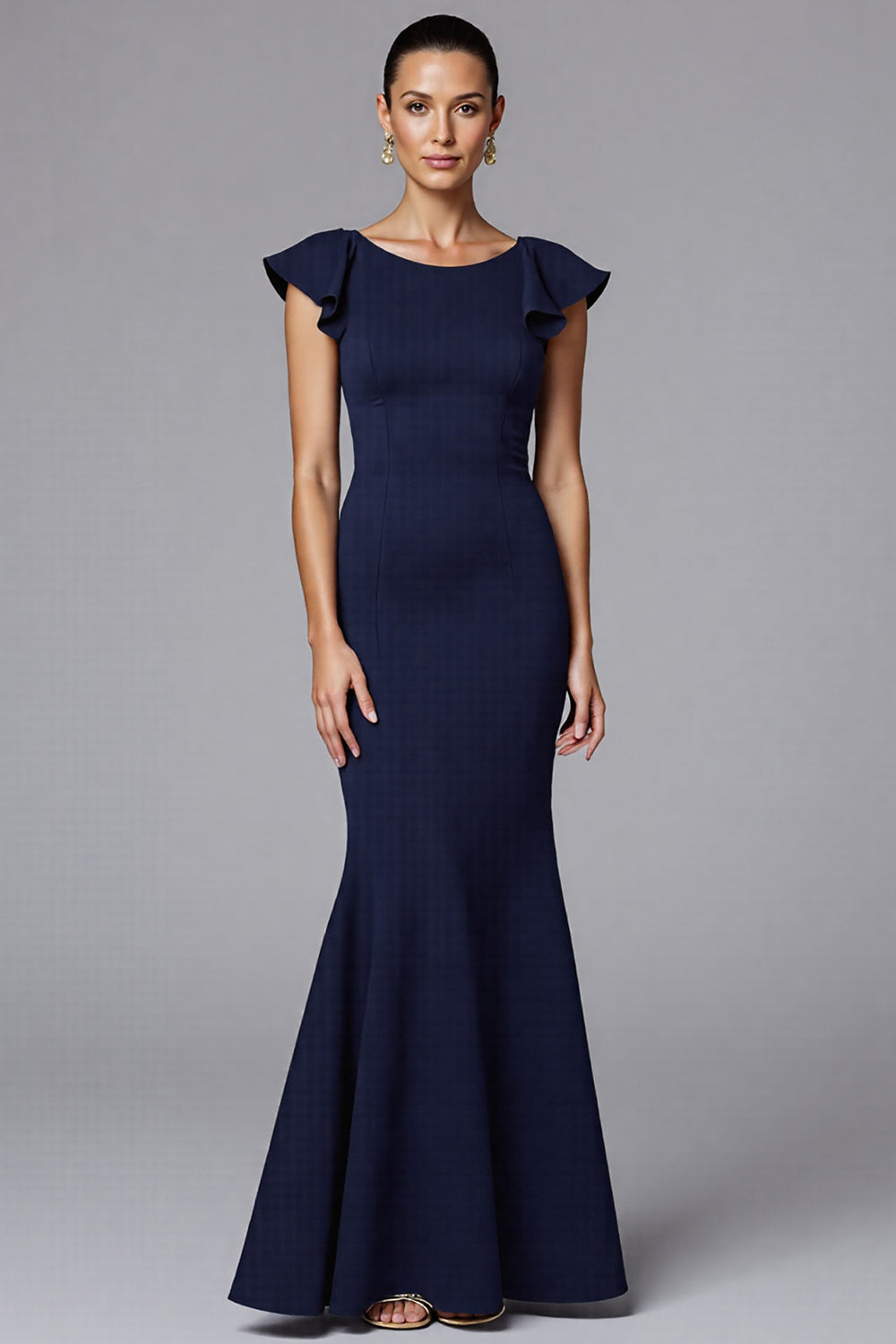 Navy Mermaid Scoop Neck Long Formal Dress with Ruffles