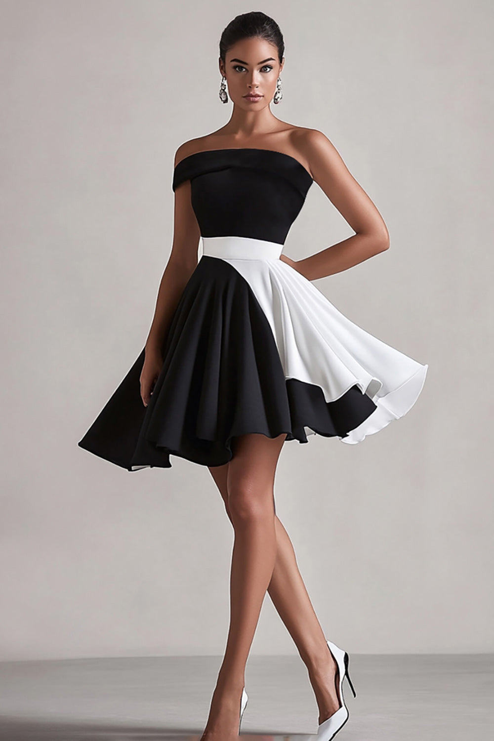 Black and White Satin One Shoulder Short Graduation Dress