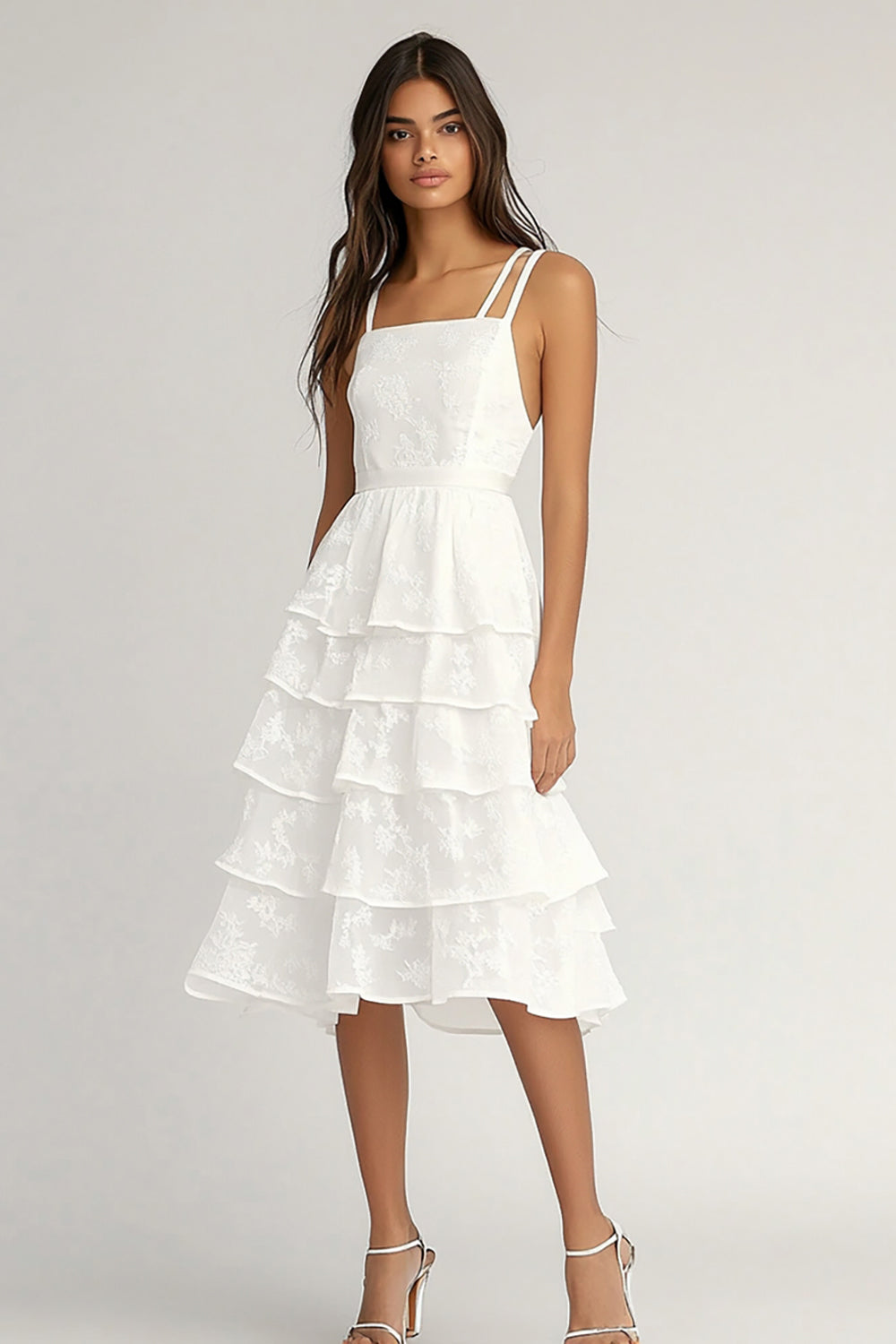 Ivory Tiered Chiffon Graduation Dress with Lace