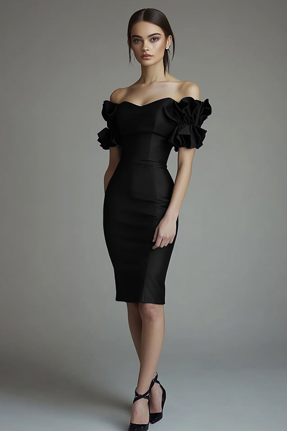 Black Bodycon Satin Short Cocktail Dress with Ruffles