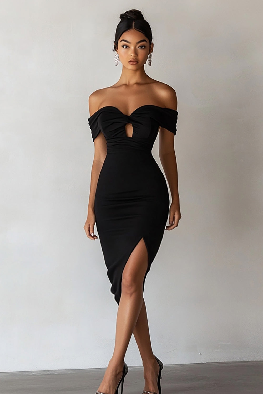 Black Bodycon Midi Graduation Dress with Keyhole